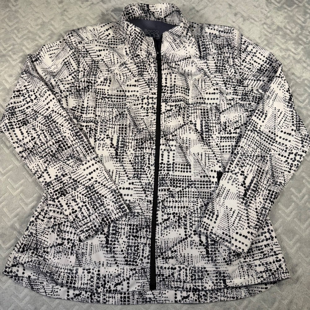 Barco One Jacket Women's Size Large Black White Excellent Abstract Zip Up Scrub